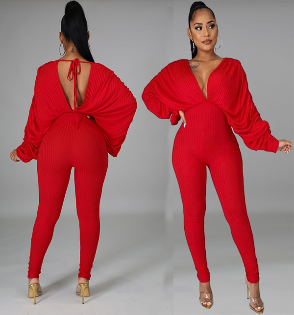 Solid Deep V Neck Bat Sleeve Jumpsuit GAKF-A8130