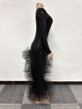 Sequin One-Shoulder Mesh Patchwork Irregular Dress NY-3115