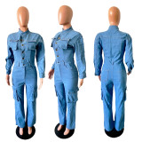 Washed Denim Single-breasted Flared Jumpsuit LX-3570