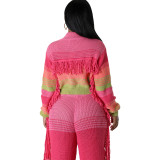 Color Block Tassel Knit Coat Two Piece Pants Set JPF-1092