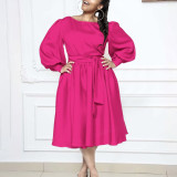 Long Sleeve O Neck Tie Solid Color A-Line Dress GATE-1479