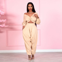 Sexy  V Neck Cross Top And Pants Solid Two Piece Set SH-390047