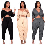 Sexy  V Neck Cross Top And Pants Solid Two Piece Set SH-390047