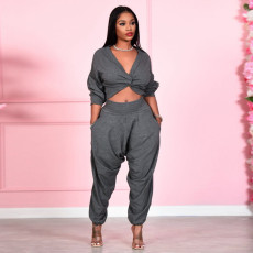 Sexy  V Neck Cross Top And Pants Solid Two Piece Set SH-390047