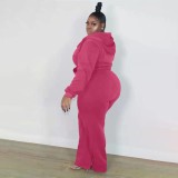 Plus Size Solid Color Hooded Sweatshirt Two Piece Pants Set XMF-343