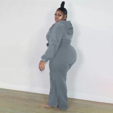 Plus Size Solid Color Hooded Sweatshirt Two Piece Pants Set XMF-343