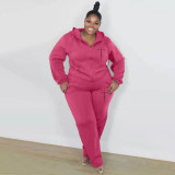 Plus Size Solid Color Hooded Sweatshirt Two Piece Pants Set XMF-343