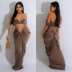 Sexy Wrap Chest Top And Pleated Skirt 2 Piece Set BY-6822