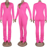 Solid Color V Neck Pleated Tight Jumpsuit BMF-H001
