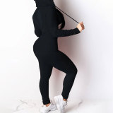 Casual Solid Zipper Hooded Pants Two Piece Set HNIF-9547