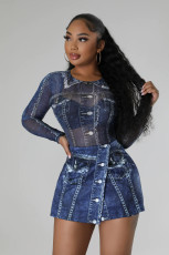 Mesh See Through Print Bodysuit 2 Piece Skirt Set CY-1038