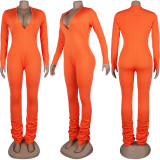 Solid Color V Neck Pleated Tight Jumpsuit BMF-H001