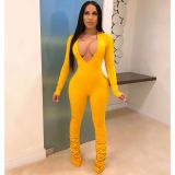 Solid Color V Neck Pleated Tight Jumpsuit BMF-H001