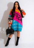 Casual Hooded Long Sleeve Color Block Letter Loose Long Sweater CY-0049