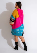 Casual Hooded Long Sleeve Color Block Letter Loose Long Sweater CY-0049