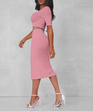 Solid Color Square Neck Split Skirt 2 Piece Set  ME-8275