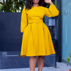 Long Sleeve O Neck Big Swing Midi Dress (With Waist Belt) GATE-D418