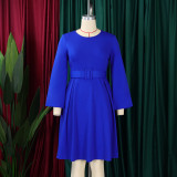 Long Sleeve O Neck Big Swing Midi Dress (With Waist Belt) GATE-D418