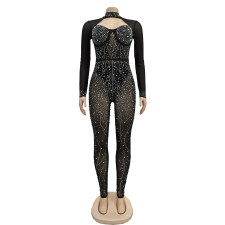 Solid Color Mesh Hot Drill Long Sleeve Jumpsuit BY-6788