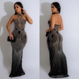 Hot Drill Mesh Halter Backless Maxi Dress BY-6811