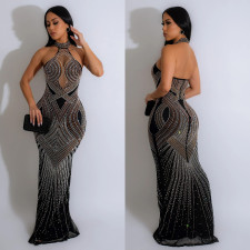 Hot Drill Mesh Halter Backless Maxi Dress BY-6811