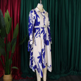 Print Lapel Irregular Maxi Dress(With Waist Belt) GMLF-D3264