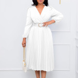 Long Sleeve V Neck Pleated Midi Dress(With Belt) GMLF-D3230