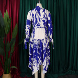 Print Lapel Irregular Maxi Dress(With Waist Belt) GMLF-D3264