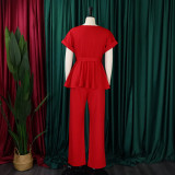 Solid Tie Up Tops And Wide Leg Pants 2 Piece Set GMLF-D3206