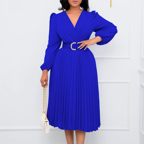 Long Sleeve V Neck Pleated Midi Dress(With Belt) GMLF-D3230