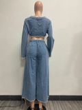Fashion Denim Loose Irregular Tops Two Piece Pant Set YMEF-51058