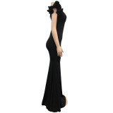 Solid V Neck Sleeveless Shoulder Floral Long Dress QYF-6078