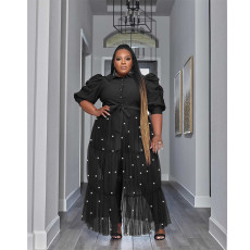 Plus Size Pearl Mesh Semi-sheer Half Sleeve Maxi Dress QYXZ-91041