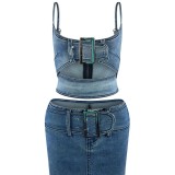 Fashion Adjustable Casual Denim 2 Piece Skirt Set YMEF-51060