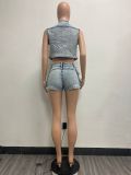 Fashion Multi-pocket Vest Denim Two Piece Short Set YMEF-51065