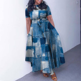 Plus Size Fashion Tie Up Print Maxi Dress NNWF-7965