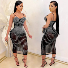 Plus Size Fashion Nightclub Sexy Mesh Hot Drilling Sling Dress SHA-3805