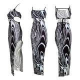 Sexy Print Backless Hollow Out Split Maxi Dress MDF-5391
