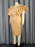 Plus Size V Neck Pleated Ruffle Sleeve Midi Dress(With Belt) GKEN-AM040125