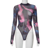 Tie-Dye Printed Long Sleeve Skinny Erotic Bodysuit GDSF-M23BS514