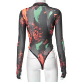 Tie-Dye Printed Long Sleeve Skinny Erotic Bodysuit GDSF-M23BS514