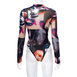 Casual Print Long Sleeve Tight Bodysuit GDSF-J23BS054