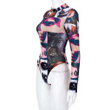 Casual Print Long Sleeve Tight Bodysuit GDSF-J23BS054