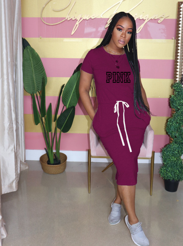PINK Letter Print Short Sleeve Midi Dress OUQF-A305