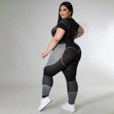 Plus Size Sport Patchwork Short Sleeve Tight Yoga 2 Piece Set GDAM-218123