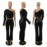 Sexy Single Shoulder Leather Patchwork 2 Piece Pants Set GRNH-28361