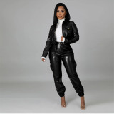 Fashion Slim PU Leather Two Piece Pants Set GRNH-RNH2823