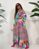 Casual Print Bubble Sleeve Pleated Maxi Dress GRNH-28333
