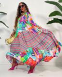 Casual Print Bubble Sleeve Pleated Maxi Dress GRNH-28333