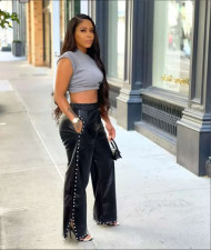 Bubble Beads Loose Wide Leg Pockets Leather Pants GRNH-28559